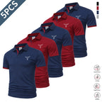 5-piece set: casual men’s short-sleeve polo shirt, quick-dry golf and tennis shirts, comfortable riding apparel, fashionable men’s sportswear; suitable for casual gatherings and holiday travel; contrast design at the neckline and sleeves.