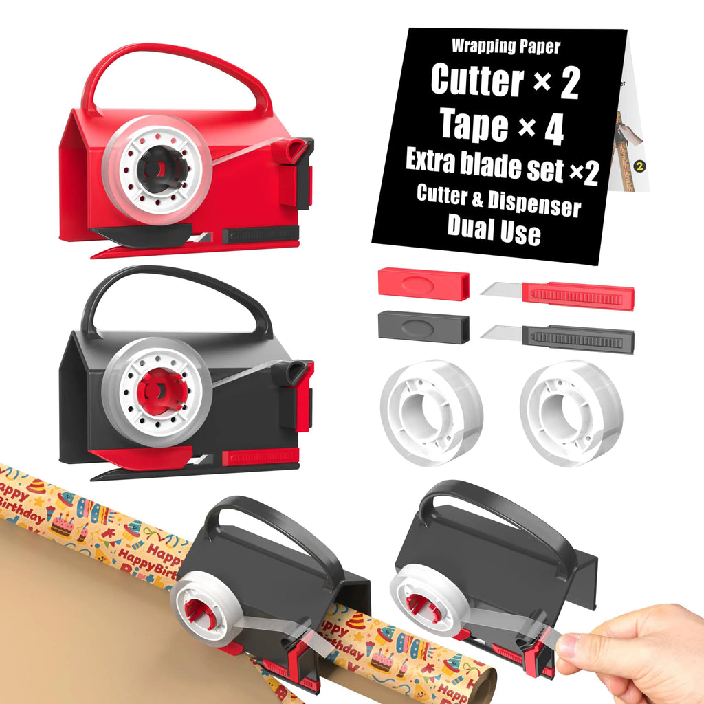 DHG 2 Pack Dual-Use Wrapping Paper Cutter & Tape Dispenser Kit, Includes 4 Rolls Tape & 2 Replacement Blades, Sliding Roll Slicer Holder for Christmas Kraft Cellophane Paper, Home Office Classroom Birthday Gift Cutting Supplies