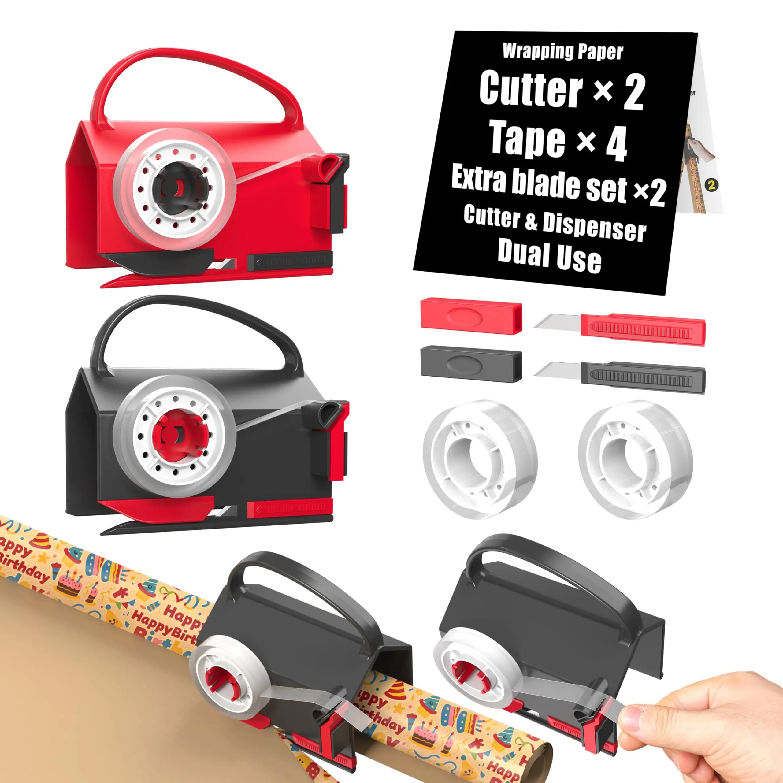 DHG 2 Pack Dual-Use Wrapping Paper Cutter & Tape Dispenser Kit, Includes 4 Rolls Tape & 2 Replacement Blades, Sliding Roll Slicer Holder for Christmas Kraft Cellophane Paper, Home Office Classroom Birthday Gift Cutting Supplies