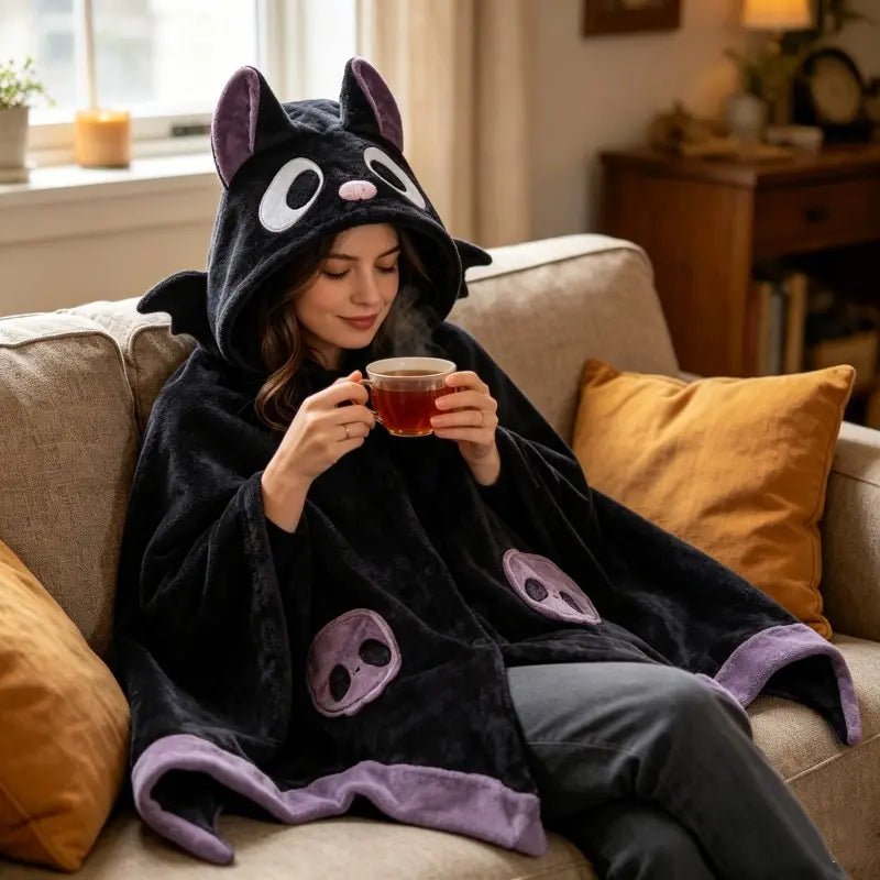 summerween-Unisex Wearable Blanket Bat Hooded Cape, Extra Large Plush Thickened Cape, One Size Fits All, Perfect Holiday Gift, Halloween Christmas Gift