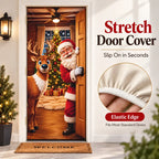 Colorful Santa Theme Reindeer Print Stretch Fabric Christmas Door Cover - 4-Side Elastic Edges, Slip-On Stretch Fit Banner for Front Door Holiday Decorating Home Supplies,outdoorfun