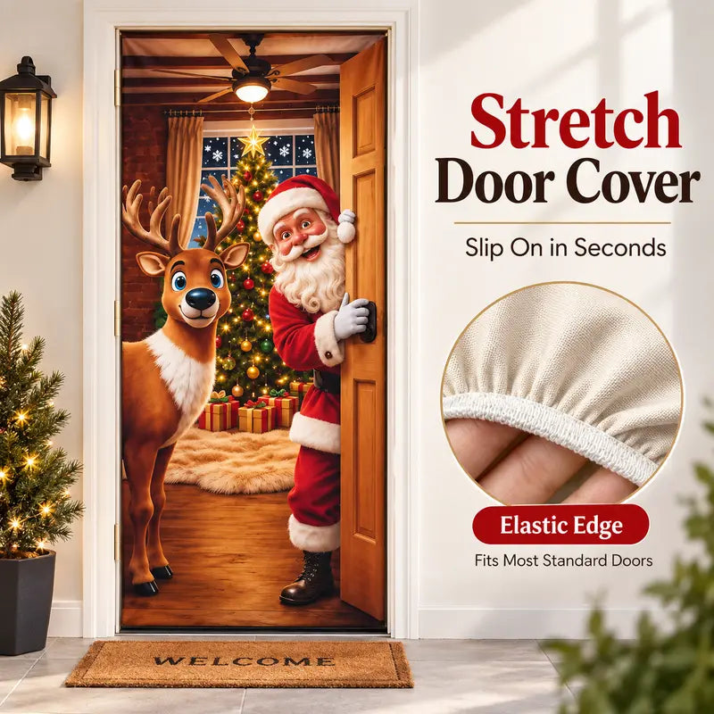 Colorful Santa Theme Reindeer Print Stretch Fabric Christmas Door Cover - 4-Side Elastic Edges, Slip-On Stretch Fit Banner for Front Door Holiday Decorating Home Supplies,outdoorfun