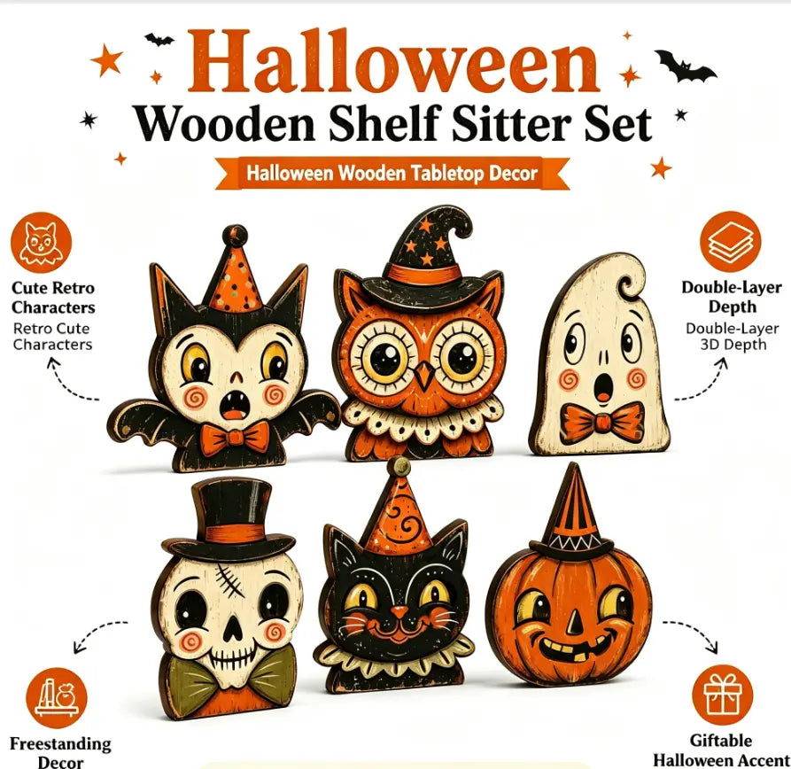 6PCS Halloween Wooden Shelf Sitter Set – Cute Ghost, Pumpkin & Black Cat Table Decor | Rustic Farmhouse Halloween Tiered Tray Decorations | Fall Home & Office Party Display
