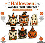 6PCS Halloween Wooden Shelf Sitter Set – Cute Ghost, Pumpkin & Black Cat Table Decor | Rustic Farmhouse Halloween Tiered Tray Decorations | Fall Home & Office Party Display