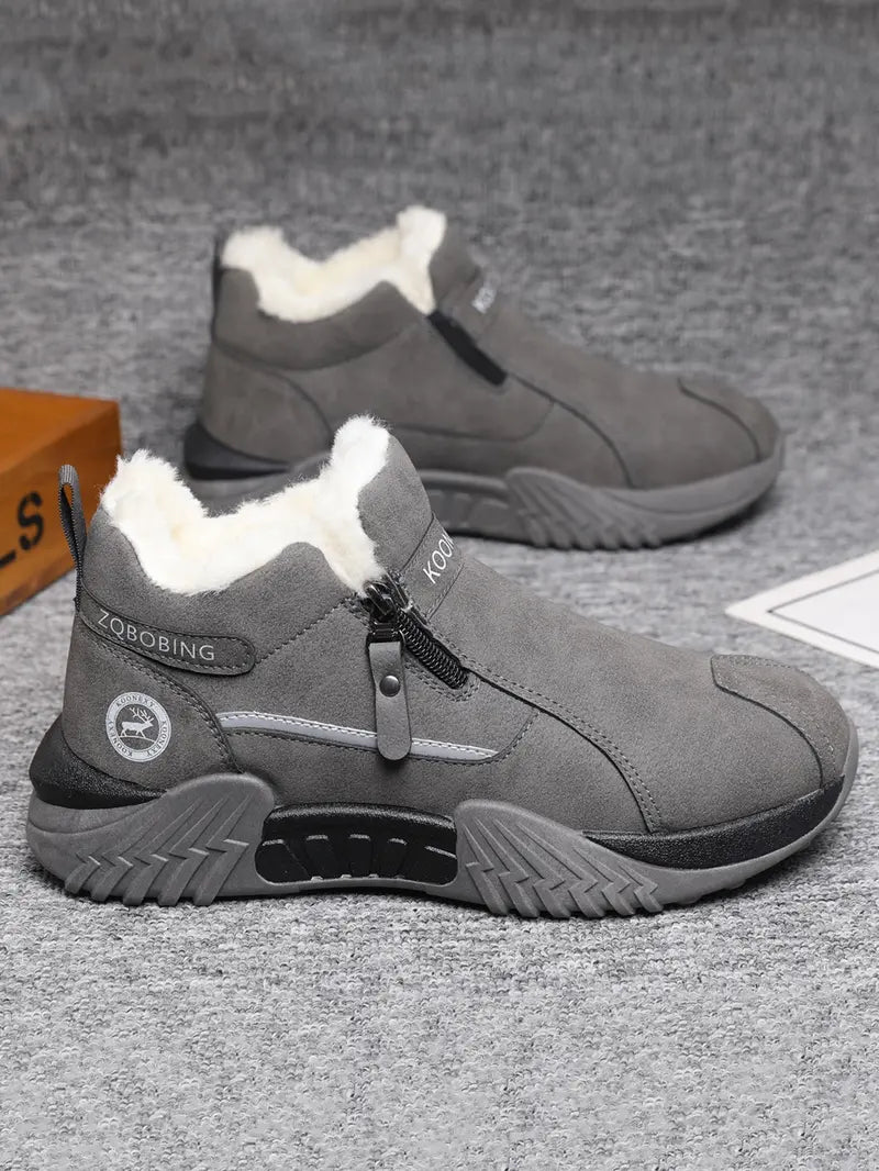 Unisex Winter Snow Casual Ankle Boots, Suede-Look Upper, Side Zip, Fleece-Lined Warm, Thick PVC Sole