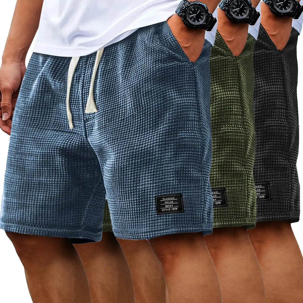 Men's 2-Pack Waffle Casual Shorts (Loose Fit, Solid Color)