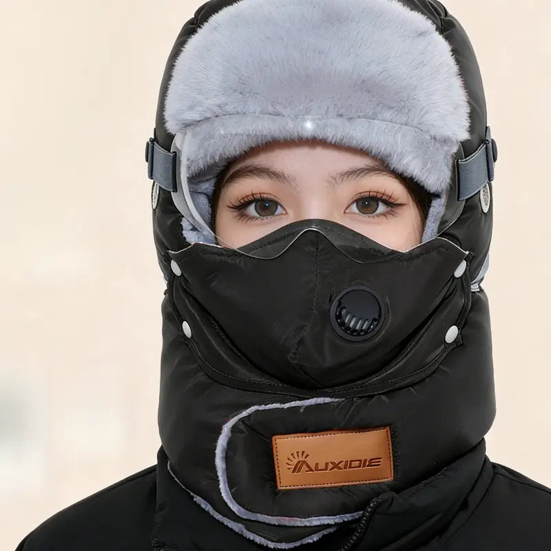 Unisex Fleece-Lined Outdoor Biking Hat with Goggles, Casual Style, Thick Inner Lining, Full Face Coverage, Warm Winter Sports Accessory (QXM)