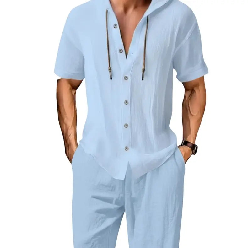 Men's 2-Piece Summer Linen Outfit: Breathable Hooded Shirt & Loose Pants