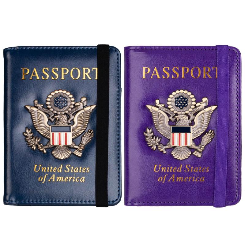 RFID Blocking Leather Passport Holder with 3D Metal Badge for Men and Women