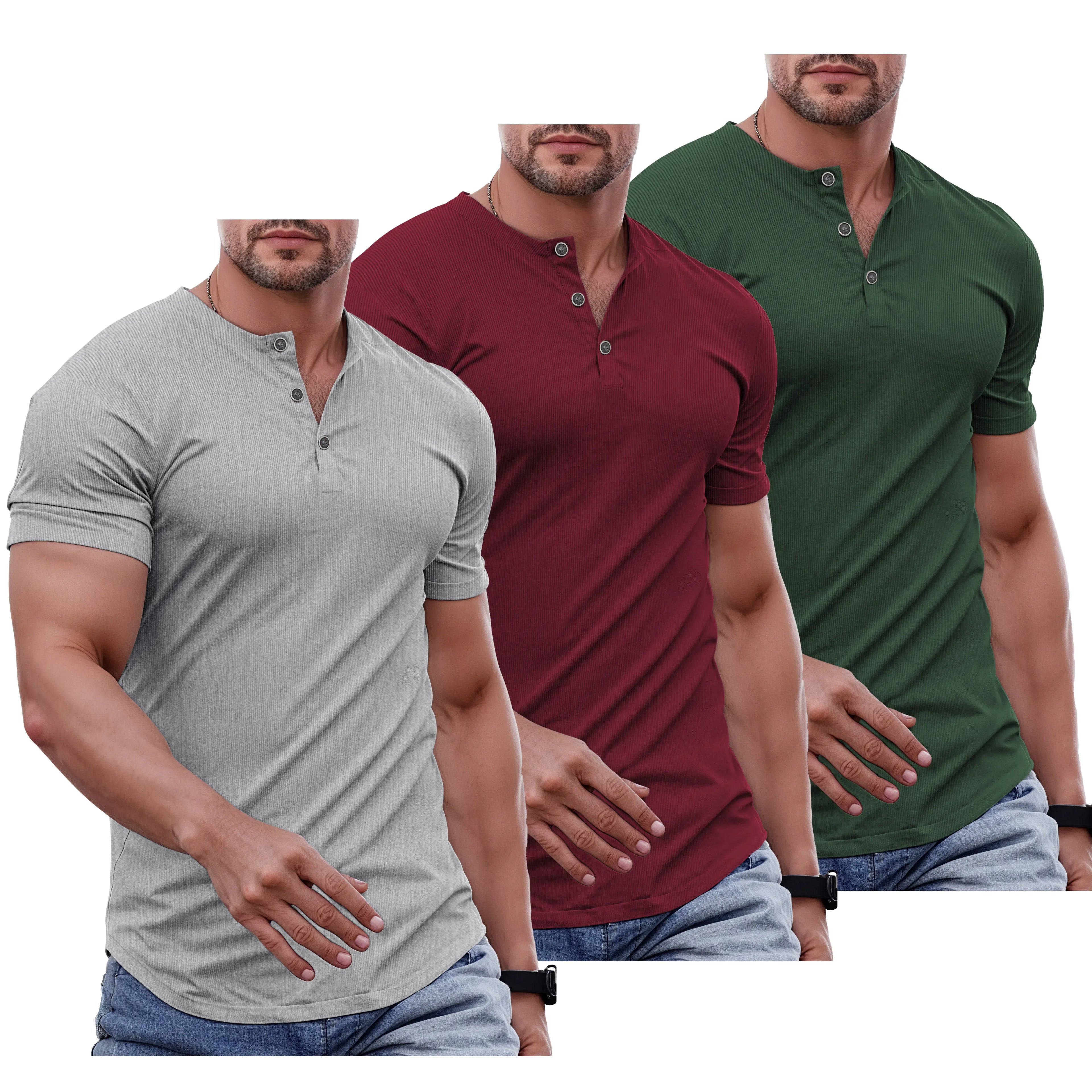 Men's Slim Fit Henley Athletic Longline Workout T-Shirt Heavyweight Stretch
