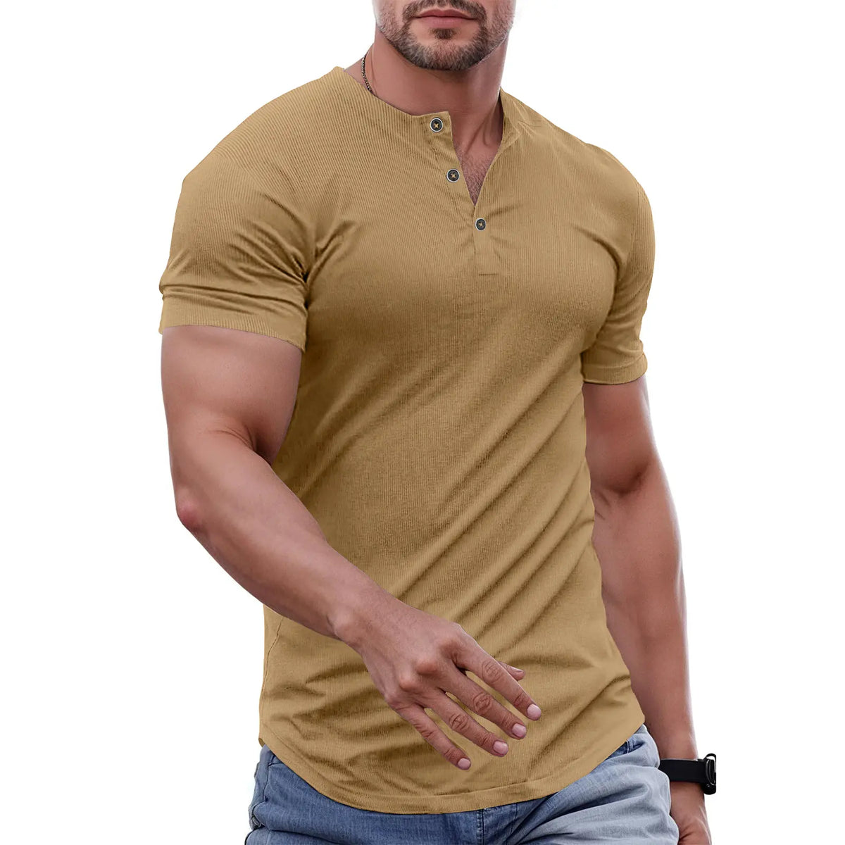 Men's Slim Fit Henley Athletic Longline Workout T-Shirt Heavyweight Stretch