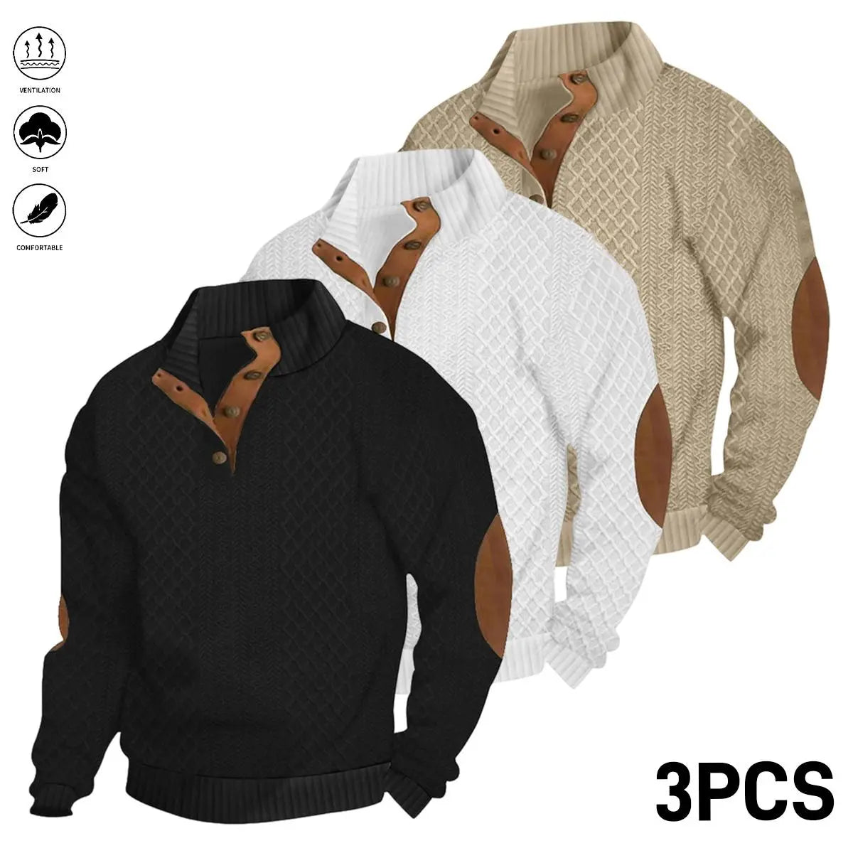 Men's 3-Pcs Jacquard Stand Collar Henley Tops - Menswear, Longsleeves, Neckline Button, Minimalist Street Sporty Chic Casual Chic Sweatshirt, Casual Wear