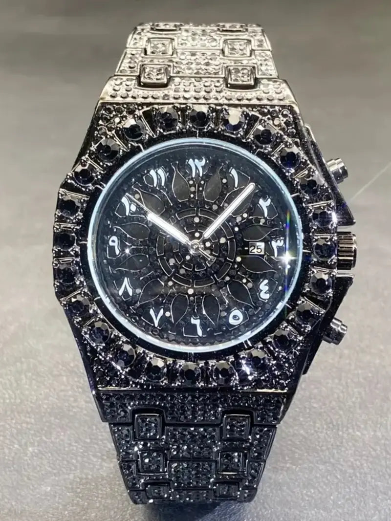 Men's Quartz Watch with Rhinestones, Luxury Ice-Dial Hip-Hop Watch with Full Artificial Water Diamonds, Rhinestone Decorated Watch, Fashionable Stylish Watch