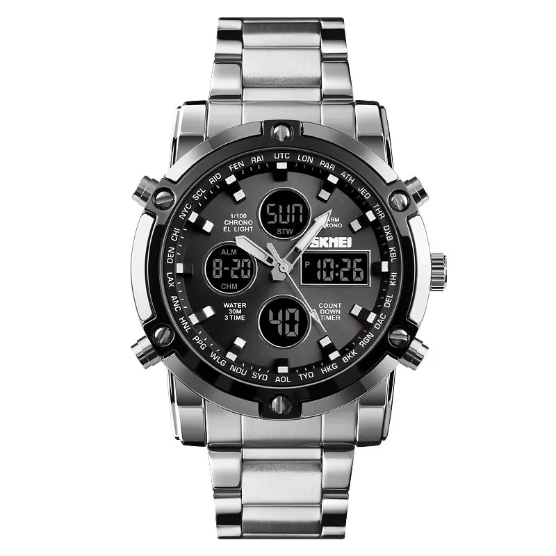 SKMEI Luxe Men's Casual Trendy Wristwatch - 2-Tone Stainless Steel Analog-Digital, 3 Time Zones, Illuminated Screen, Backlight, Alarm, Waterproof Chronograph Watch, Birthday Gift for Him