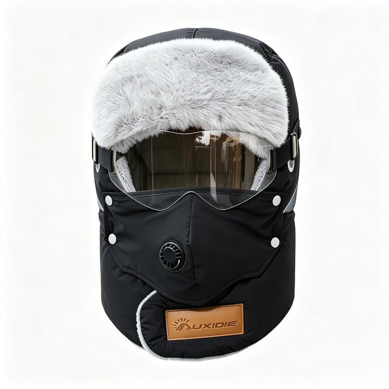 Unisex Fleece-Lined Outdoor Biking Hat with Goggles, Casual Style, Thick Inner Lining, Full Face Coverage, Warm Winter Sports Accessory (QXM)