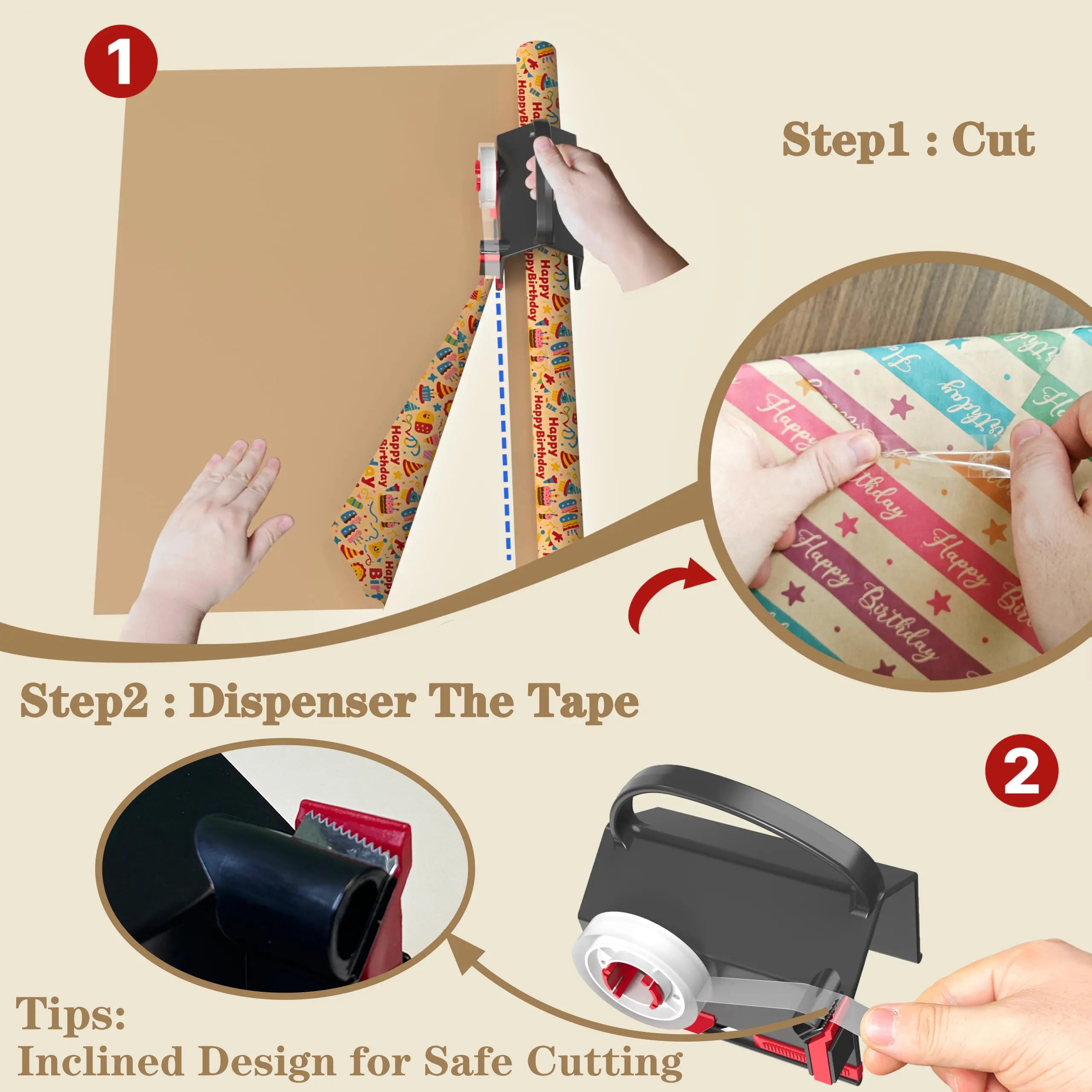 DHG 2 Pack Dual-Use Wrapping Paper Cutter & Tape Dispenser Kit, Includes 4 Rolls Tape & 2 Replacement Blades, Sliding Roll Slicer Holder for Christmas Kraft Cellophane Paper, Home Office Classroom Birthday Gift Cutting Supplies