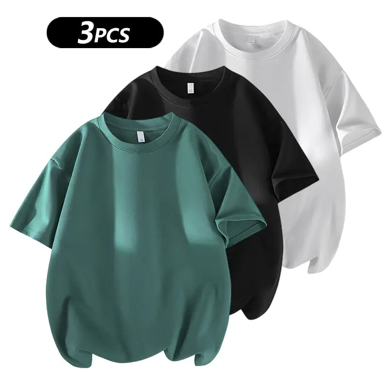 summervibes Men's 3PCS 100% cotton Crew Neck T-Shirts Set - Soft Loose Fit Navy Gray Black Tees for Casual Daily Wear Crewneck Classic