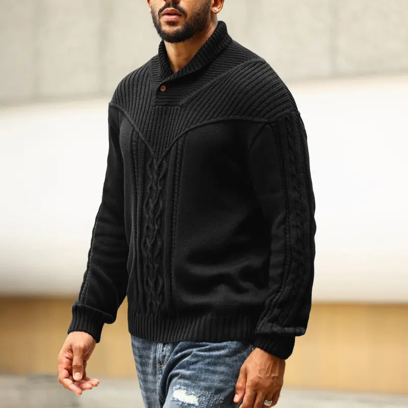 Wizoat Men's Clothing Long Sleeve Shawl Collar Cable Knit Button Fit Knitted Pullover Knitwear - Plain Black, Soft, Relaxed-Fit, Ribbed Cuffs Casual Top, Warm Fall Winter Layer for Daily Office, Matches Shirts Jeans, Hand Wash,sohochic
