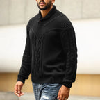 Wizoat Men's Clothing Long Sleeve Shawl Collar Cable Knit Button Fit Knitted Pullover Knitwear - Plain Black, Soft, Relaxed-Fit, Ribbed Cuffs Casual Top, Warm Fall Winter Layer for Daily Office, Matches Shirts Jeans, Hand Wash,sohochic