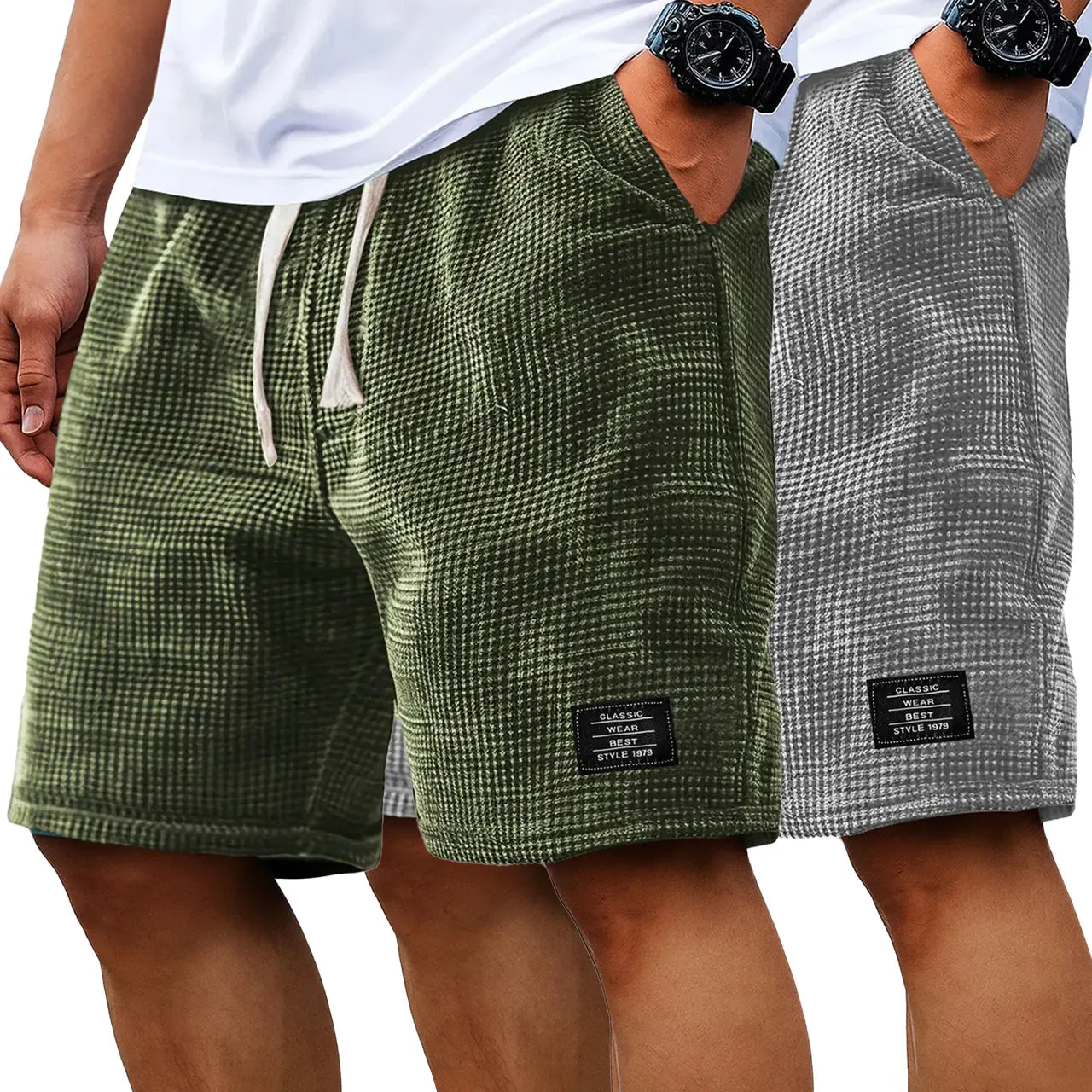 Men's 2-Pack Waffle Casual Shorts (Loose Fit, Solid Color)