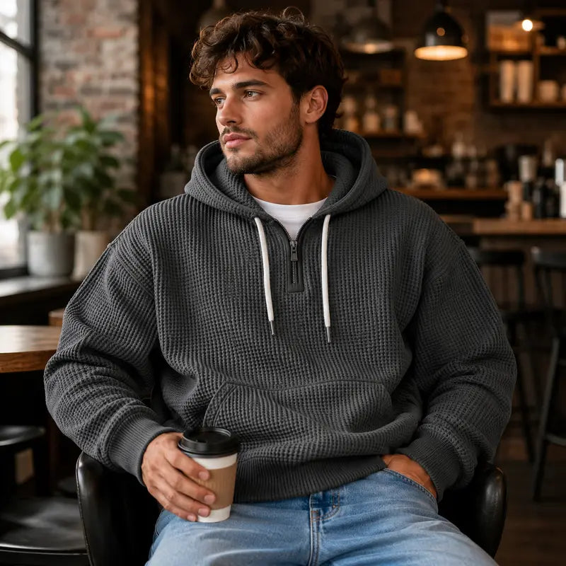 Men's Waffle Knit Half Zip Hoodie with Kangaroo Pocket