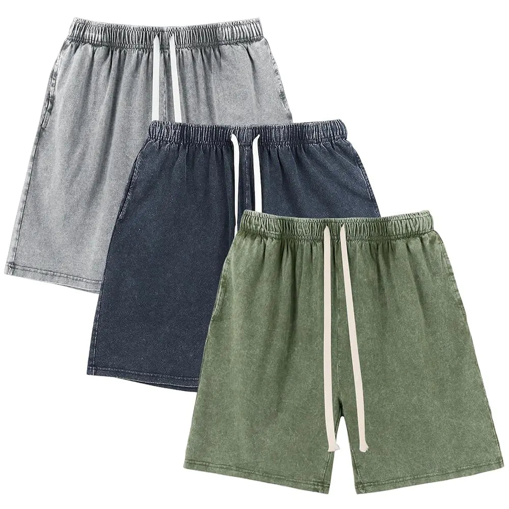Gihuo Mens Unisex Sweat Shorts Cotton Athletic Shorts Vintage Acid Wash Elastic Waist Drawstring Workout Shorts with Pockets Womenswear Basic Bottom Casual Minimalist
