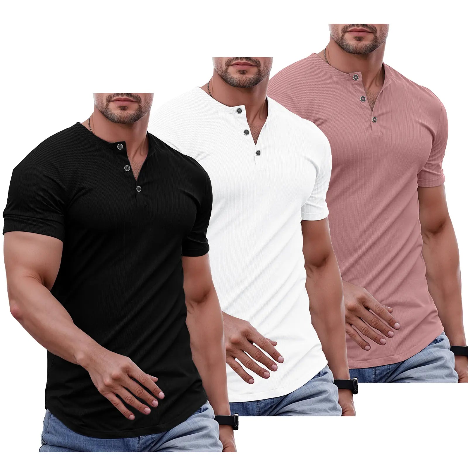 Men's Slim Fit Henley Athletic Longline Workout T-Shirt Heavyweight Stretch