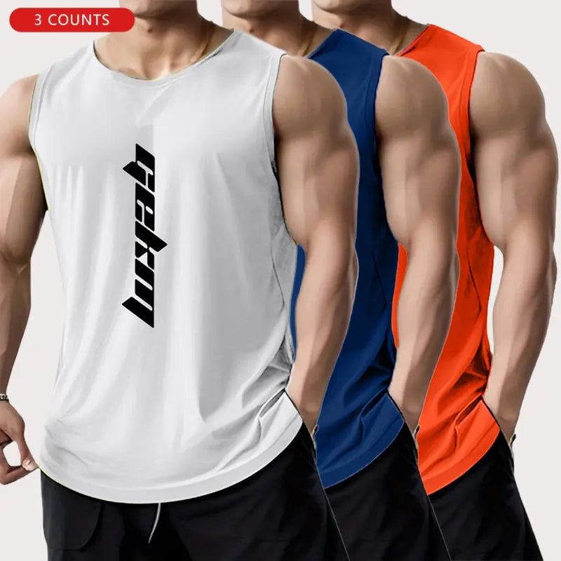 3-Pack Men's Letter Print Basketball Jersey Tank Tops - Breathable Polyester Mesh