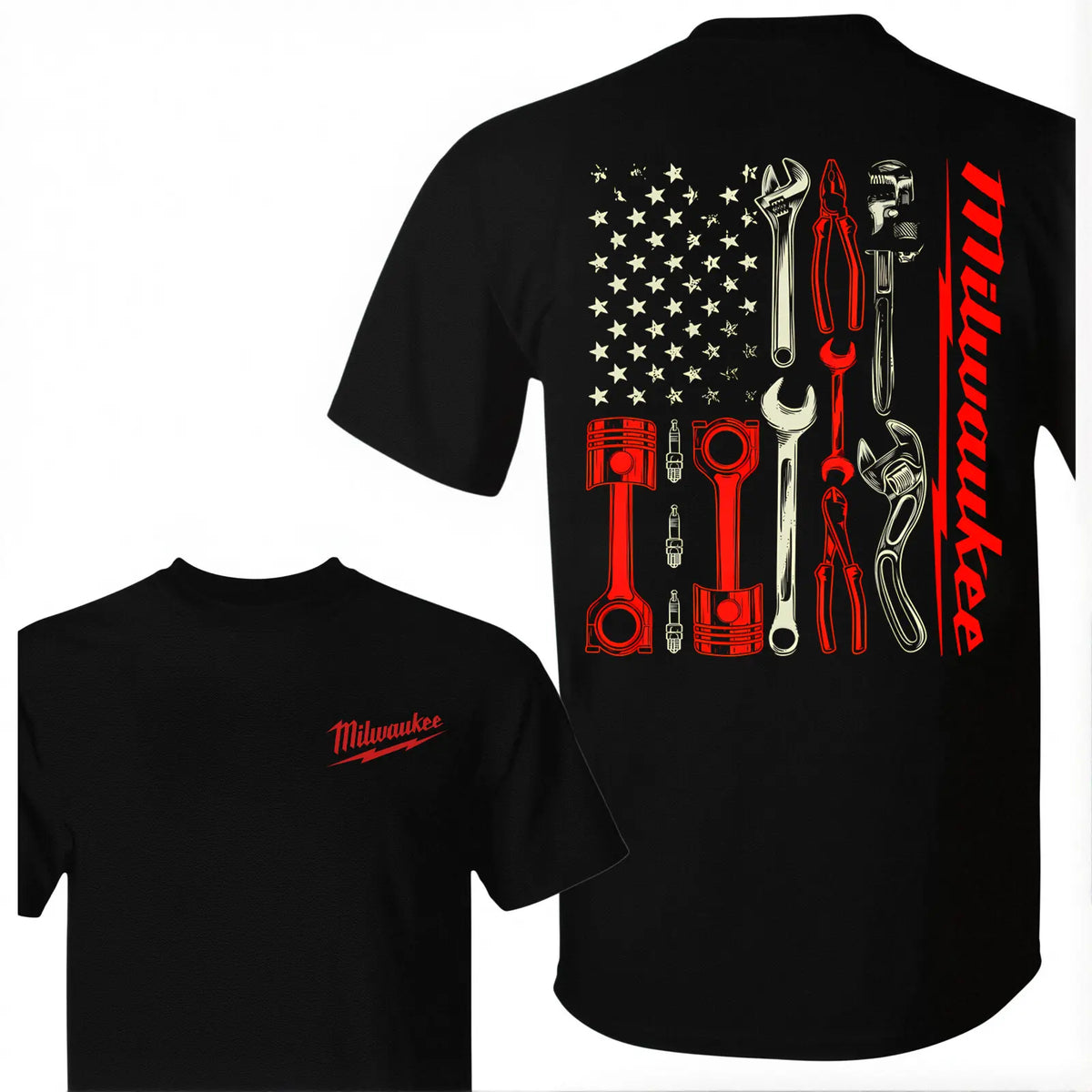 Men's Vintage Milwaukee Tools Mechanic Graphic Tee - All-Season Wear, Basic Loose Round Neck Short-Sleeve Black Cotton Tshirt, USA Flag Print Menswear Tops