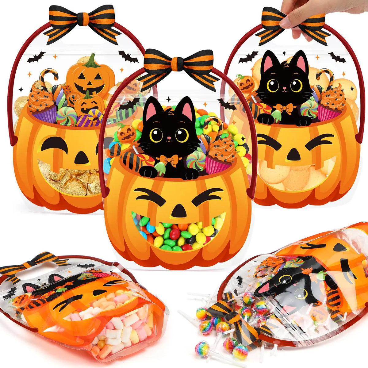 Halloween Vintage Pumpkin Skeleton Plastic Trick or Treat Goodie Bags Set (24/50 Pack)