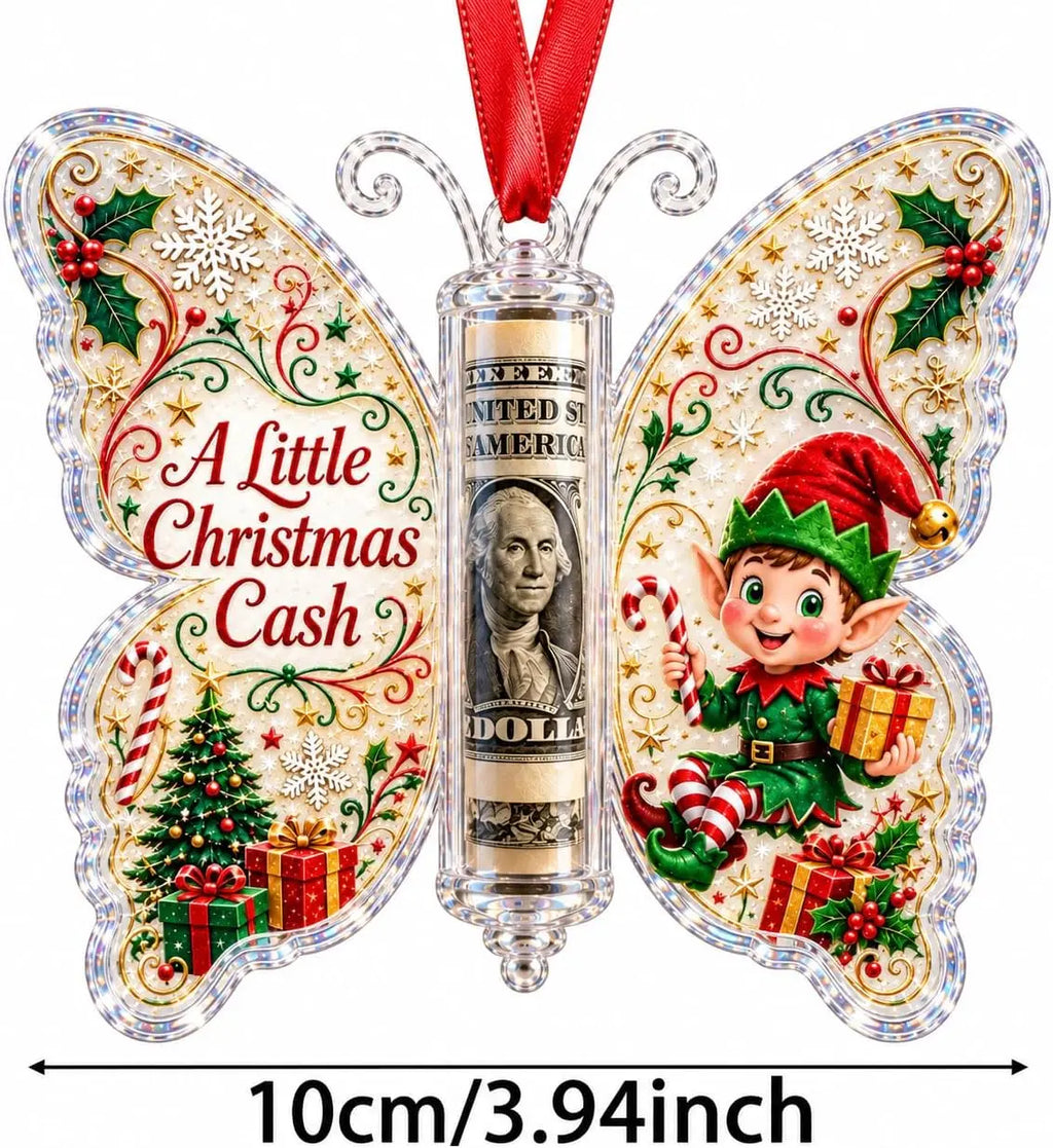 Christmas Cash Gift Ornament - Butterfly Money Holder with Acrylic (5Pcs/1 Set) Clear cash display with transparent holder, a creative Christmas gift idea for holiday tree hanging ornament decor (Peel Off Protective Film for Crystal Clear View)