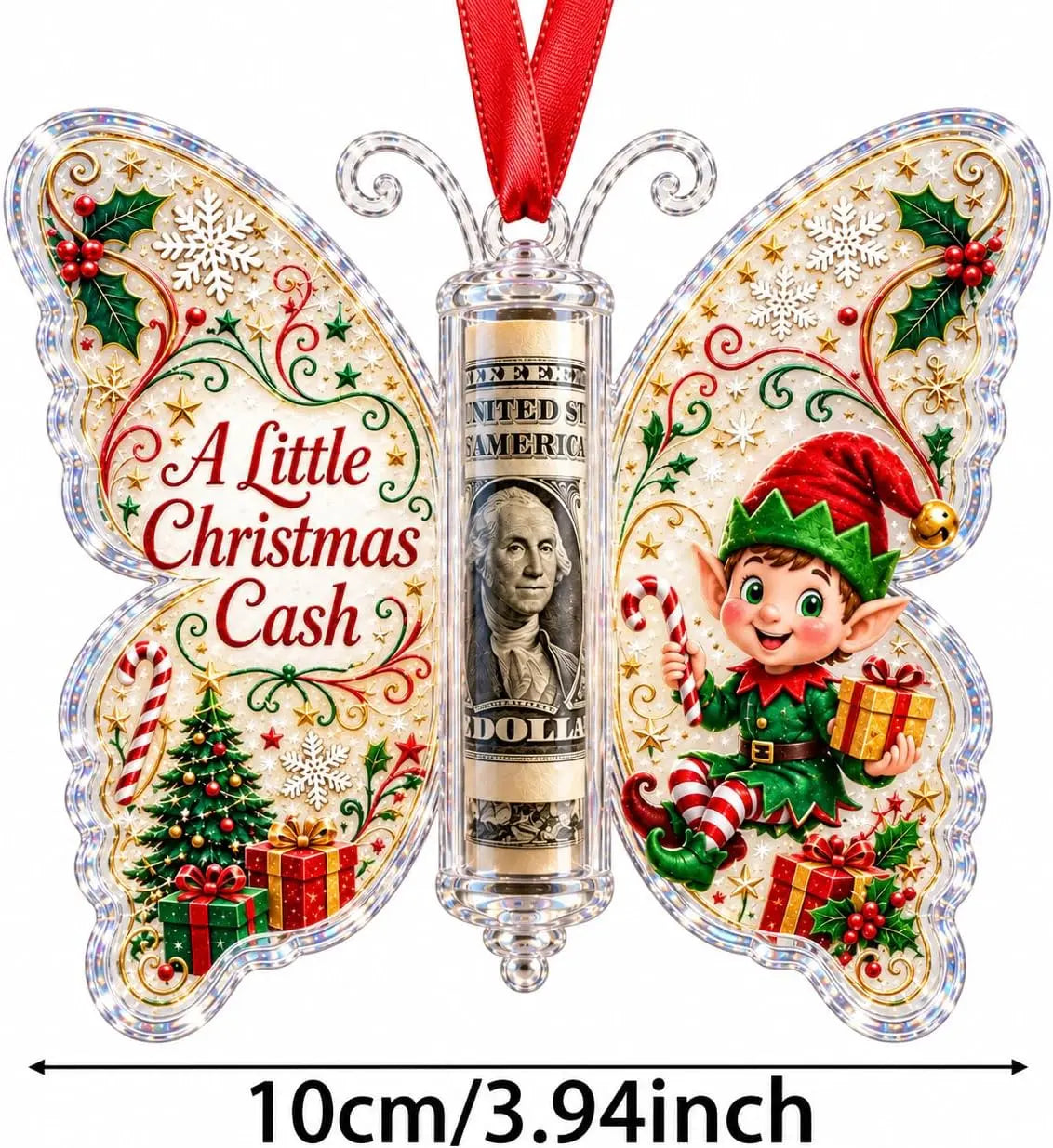 Christmas Cash Gift Ornament - Butterfly Money Holder with Acrylic (5Pcs/1 Set) Clear cash display with transparent holder, a creative Christmas gift idea for holiday tree hanging ornament decor (Peel Off Protective Film for Crystal Clear View)