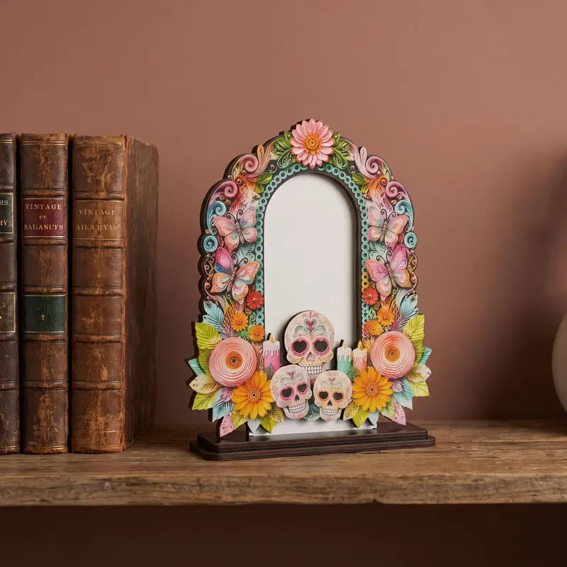 Traditional Día de los Muertos Wooden Picture Frame - Mexican Altar Tabletop Display, Multi-Style Photo Holder with Skulls/Marigolds, Indoor Recreation Home Decor
