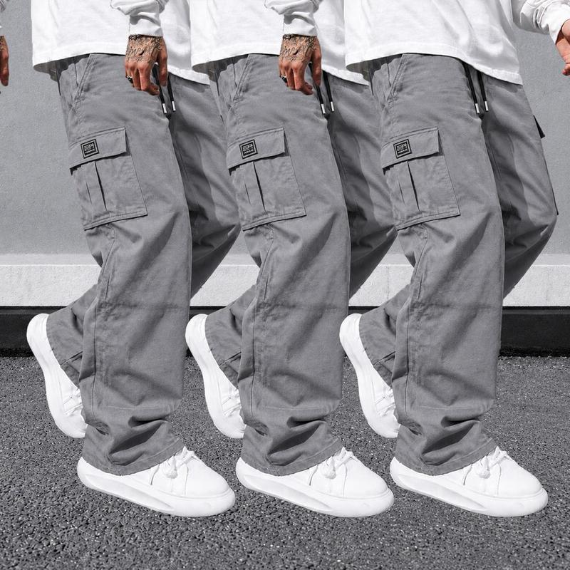 URMCZ Men's 3-Pack Basic Menswear Plain Cargo Pants, Wide Leg Elastic Belt Loose Work Trousers with Pockets, Comfortable Day Outdoor Hiking Bottoms