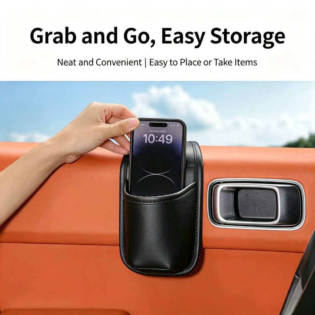 Leather car door storage pocket - double-layer compartments, scratch-proof flannel lining, residue-free adhesive, organizes keys & phones, keeps car interiors tidy, fits most sedans, SUVs and trucks for daily driving