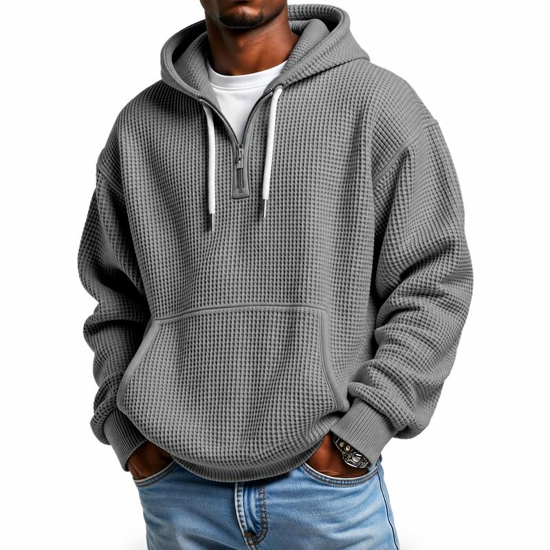Men's Waffle Knit Half-Zip Hoodie - Casual Plain Streetwear Sweatshirt, Loose Ribbed Pullover, Soft Textured Fabric, Kangaroo Pocket, Long Sleeve, Fall Winter Outdoor Daily Layer