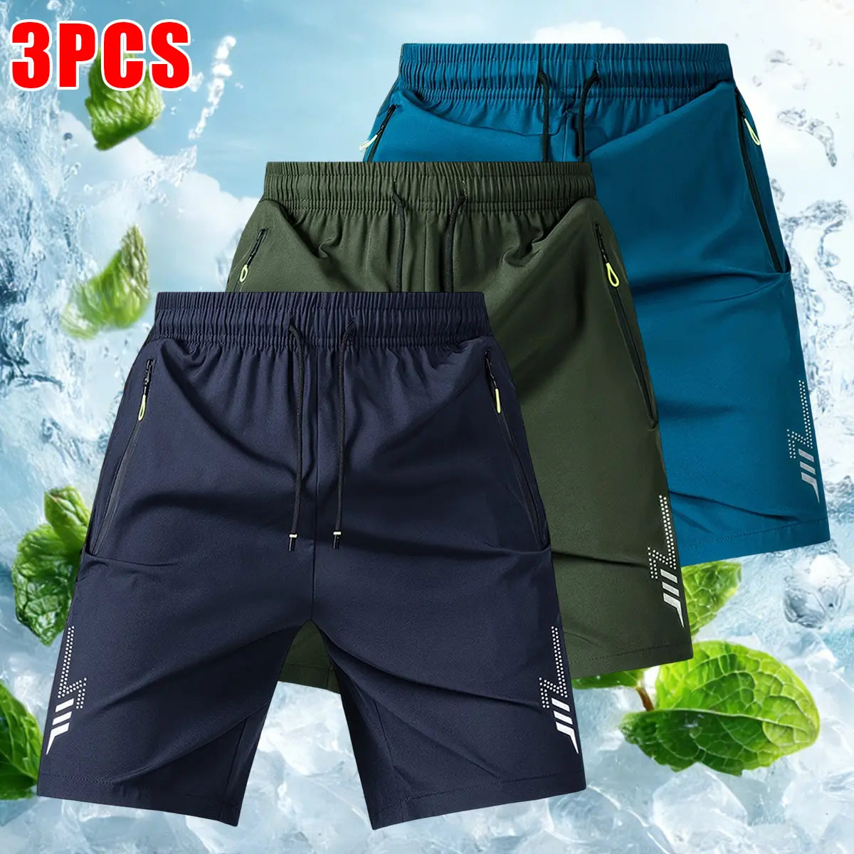 3-Pack Men's Athletic Shorts - Reflective Geometric Prints, Zipper Pockets