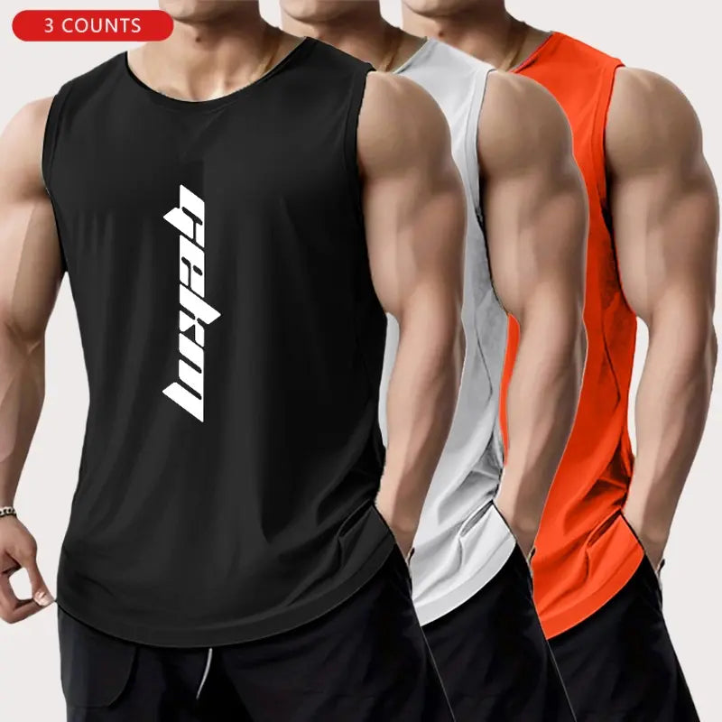 3-Pack Men's Letter Print Basketball Jersey Tank Tops - Breathable Polyester Mesh