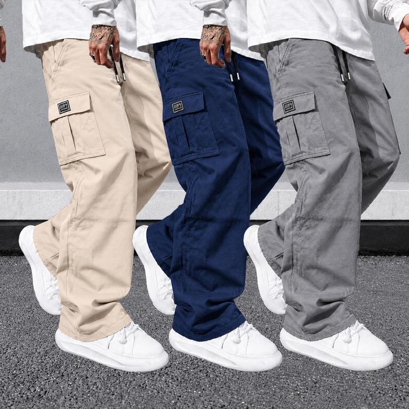 URMCZ Men's 3-Pack Basic Menswear Plain Cargo Pants, Wide Leg Elastic Belt Loose Work Trousers with Pockets, Comfortable Day Outdoor Hiking Bottoms