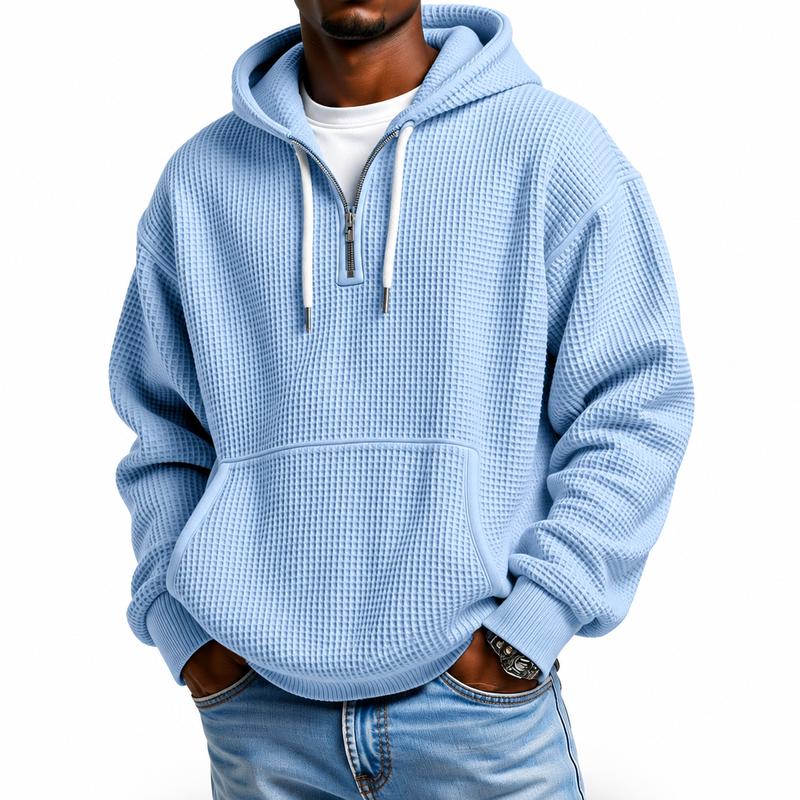 Men's Waffle Knit Half-Zip Hoodie - Casual Plain Streetwear Sweatshirt, Loose Ribbed Pullover, Soft Textured Fabric, Kangaroo Pocket, Long Sleeve, Fall Winter Outdoor Daily Layer