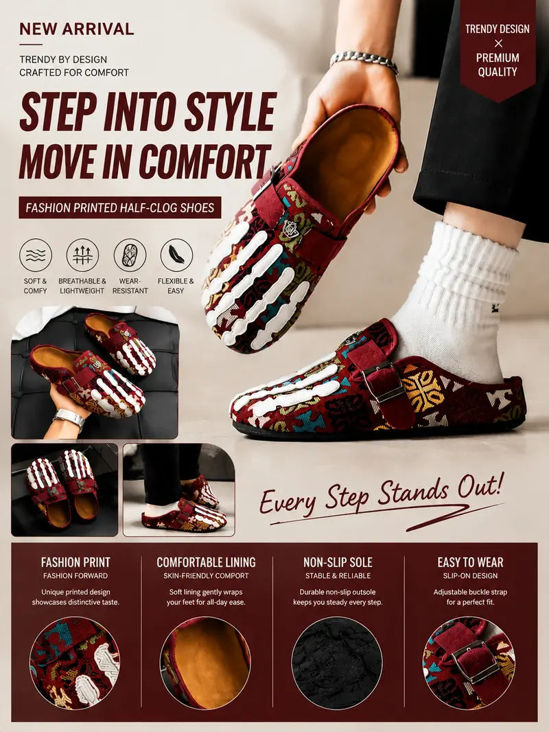 Men's Bohemian Print Mules, Mule Slides, Comfortable Slip-On Sandals, Adjustable Buckle, Soft Insole, Ideal for Daily Wear, Casual Footwear