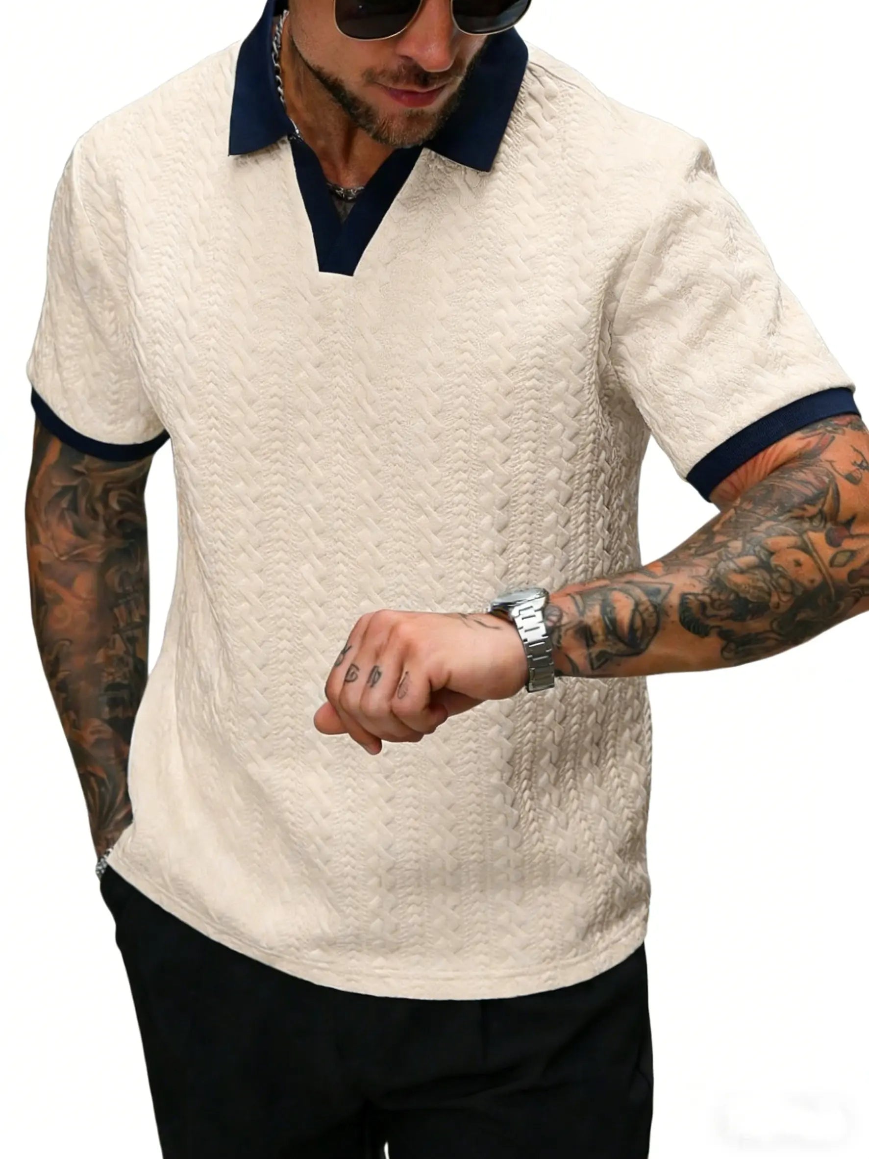 CasualCool Men's Old Money Contrast Knit Short-Sleeve Polo Shirt (Cream)