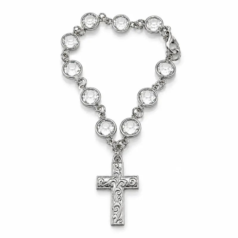 Faith-Inspired Crystal Cross Car Steering Wheel Charm, Silver Tone Beaded Hanging Ornament, Spiritual Blessing Symbol Auto Interior Decor, Meaningful Gift for Drivers,toolupgrade