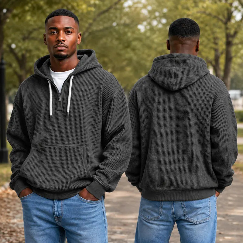 Men's Waffle Knit Half Zip Hoodie with Kangaroo Pocket