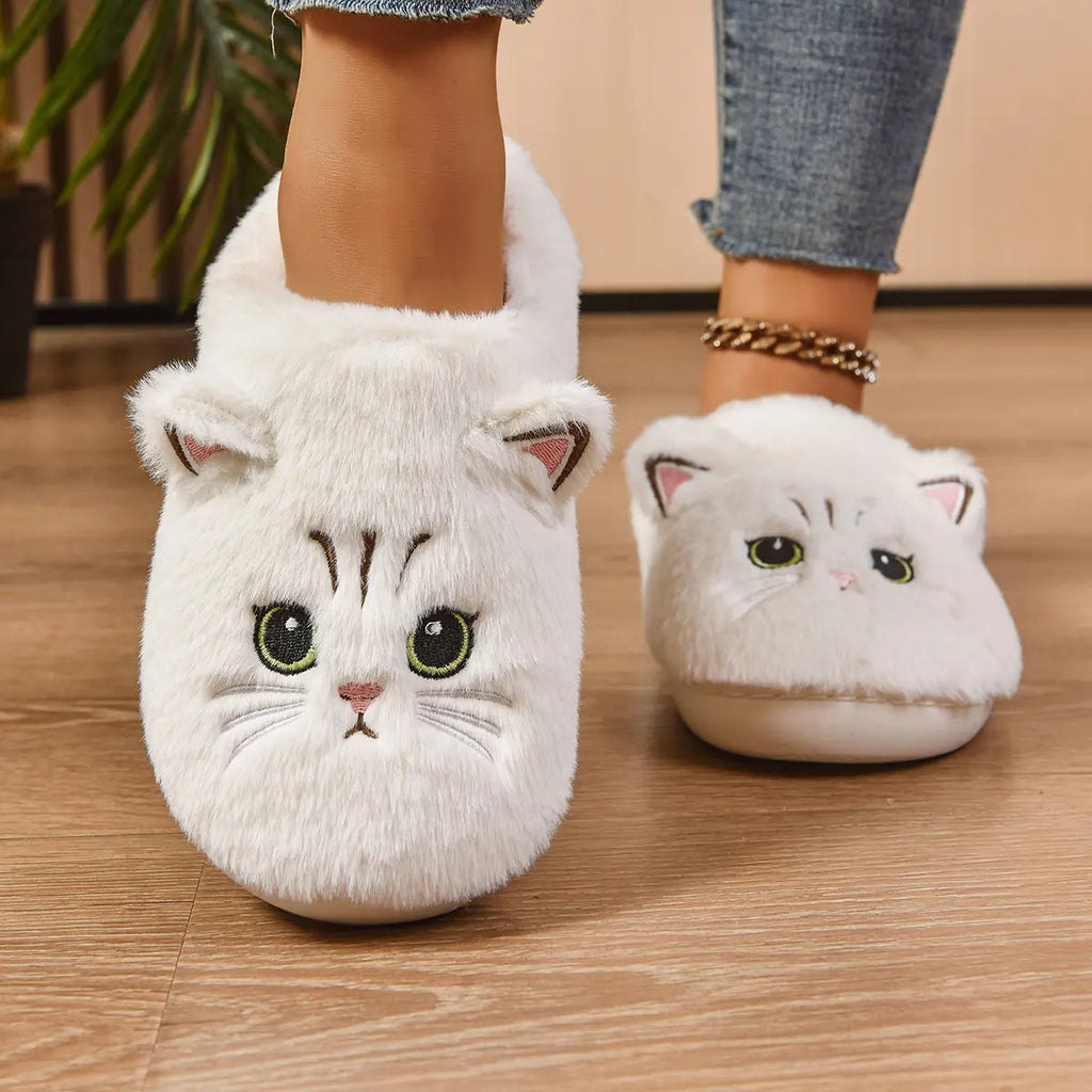 Women's & Men's Cat Theme Faux Fur Fuzzy Fashion Slippers - Winter Warm Cozy House Fur Slides