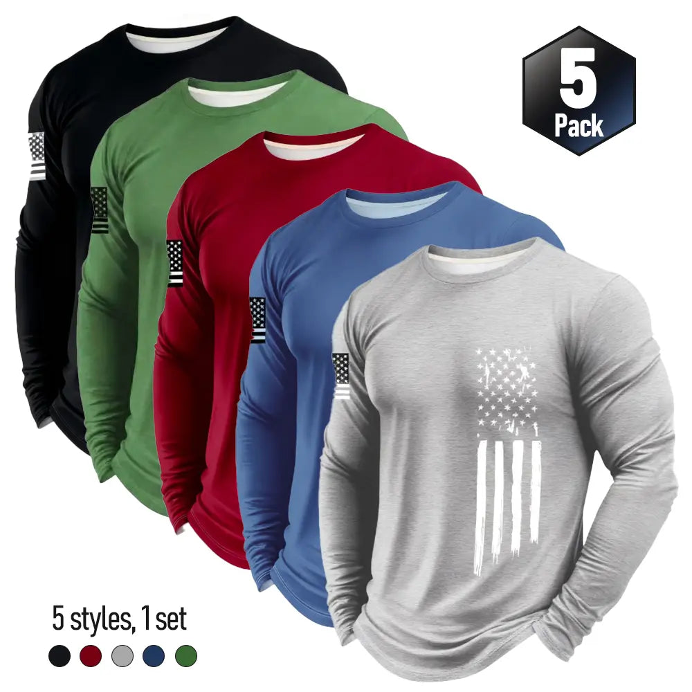 Men's 5-Piece Long Sleeve Shirt - Lightweight Plain Lining Patriot Apparel, Quick-Drying Breathable Activewear Athletic Apparel for Male Gym, Biking & Daily Casual Wear (Spring, Autumn)