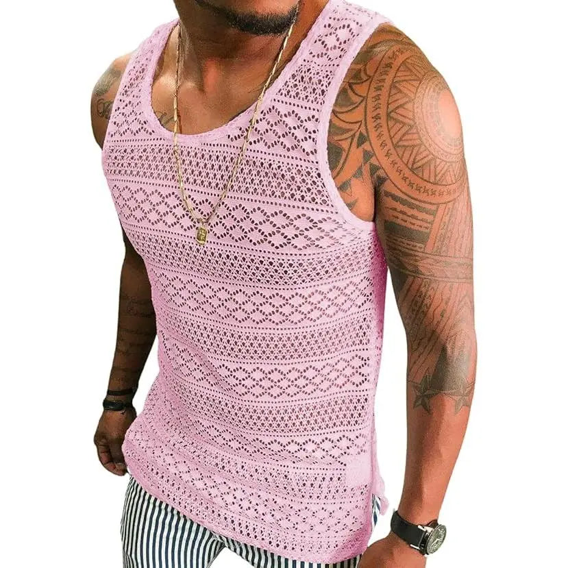Runcati Mens See Through Vest Crewneck Sleeveless Tank Tops Muscle Sexy Mesh Shirts