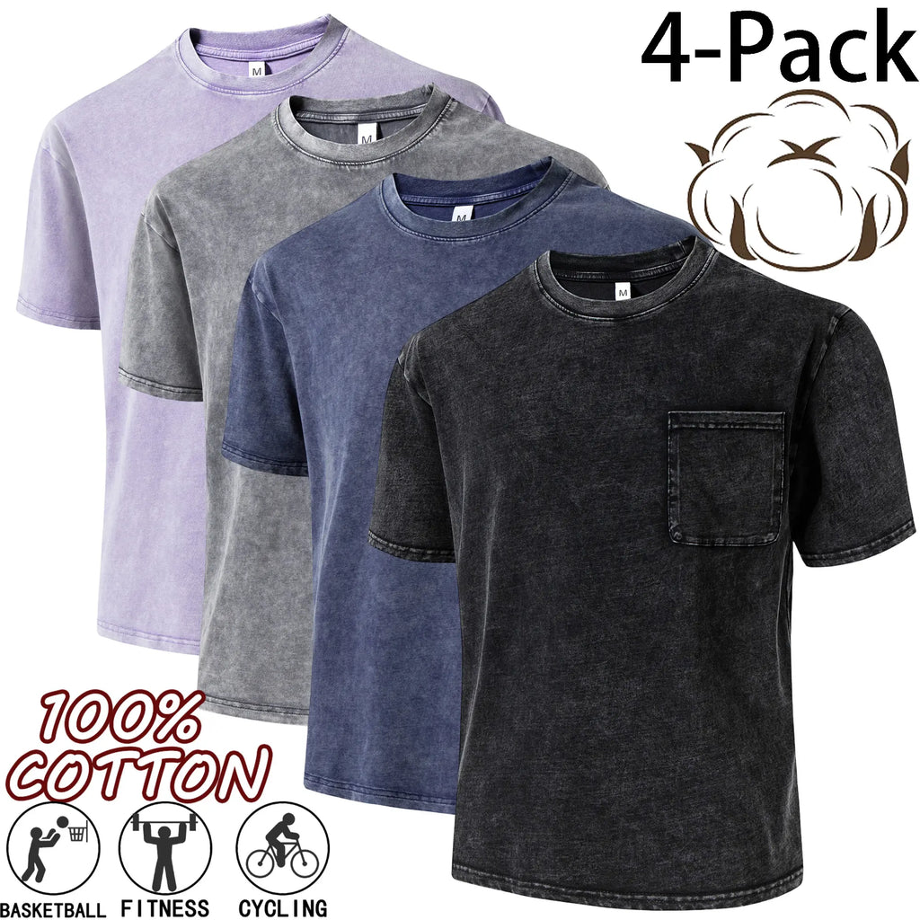 4-Pack Men's Vintage Washed 100% Cotton Crew-Neck T-Shirts