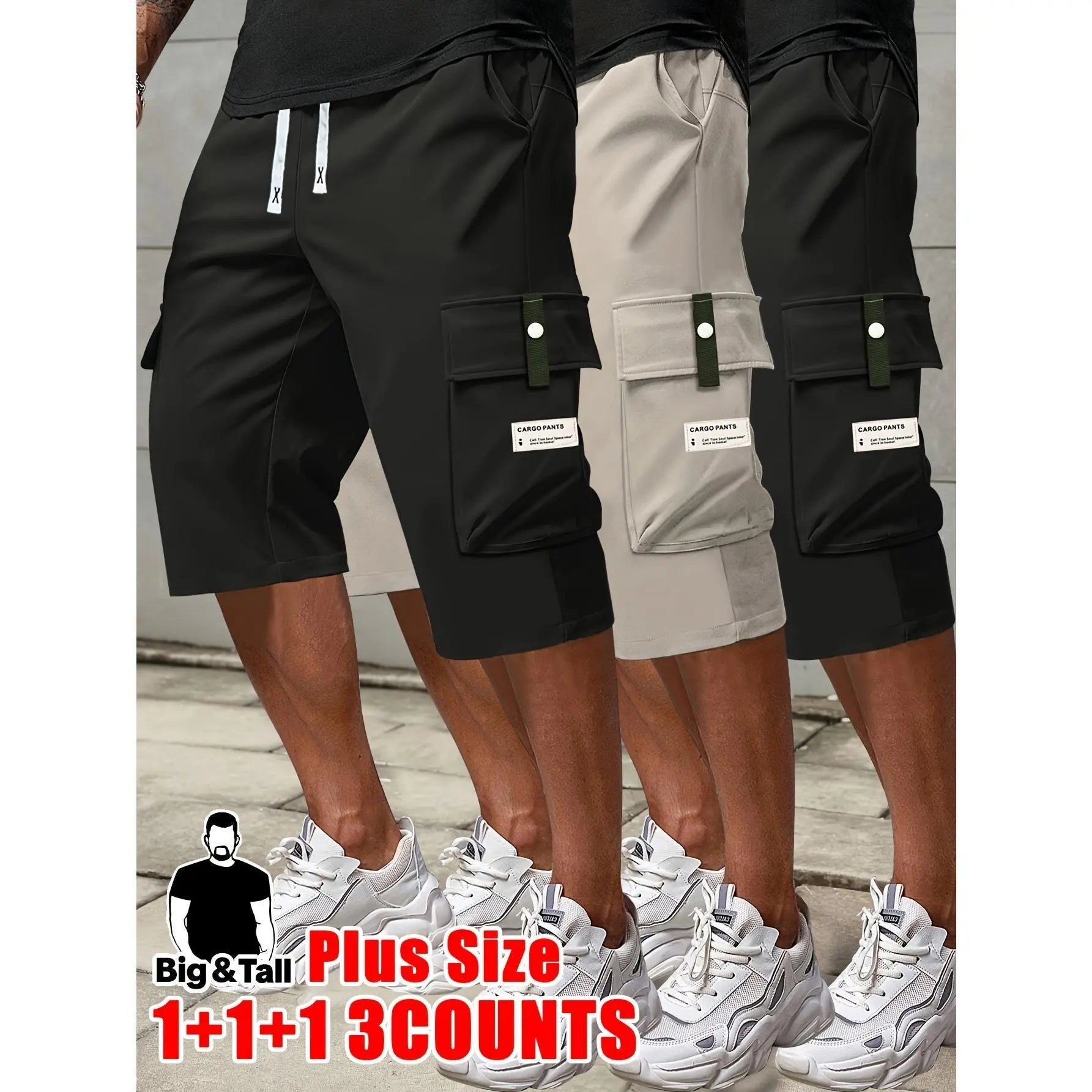 Men's Plus Size Cargo Shorts - Elastic Drawstring Waist & Multi-Pockets