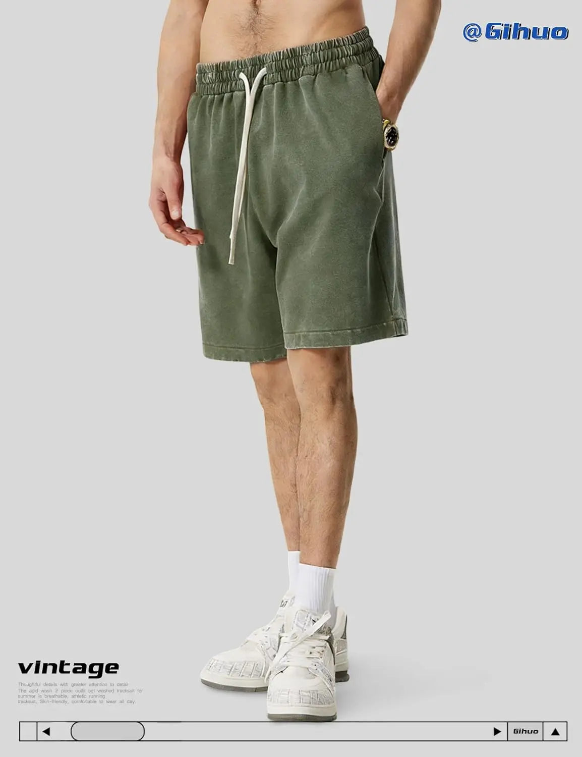 Gihuo Mens Unisex Sweat Shorts Cotton Athletic Shorts Vintage Acid Wash Elastic Waist Drawstring Workout Shorts with Pockets Womenswear Basic Bottom Casual Minimalist